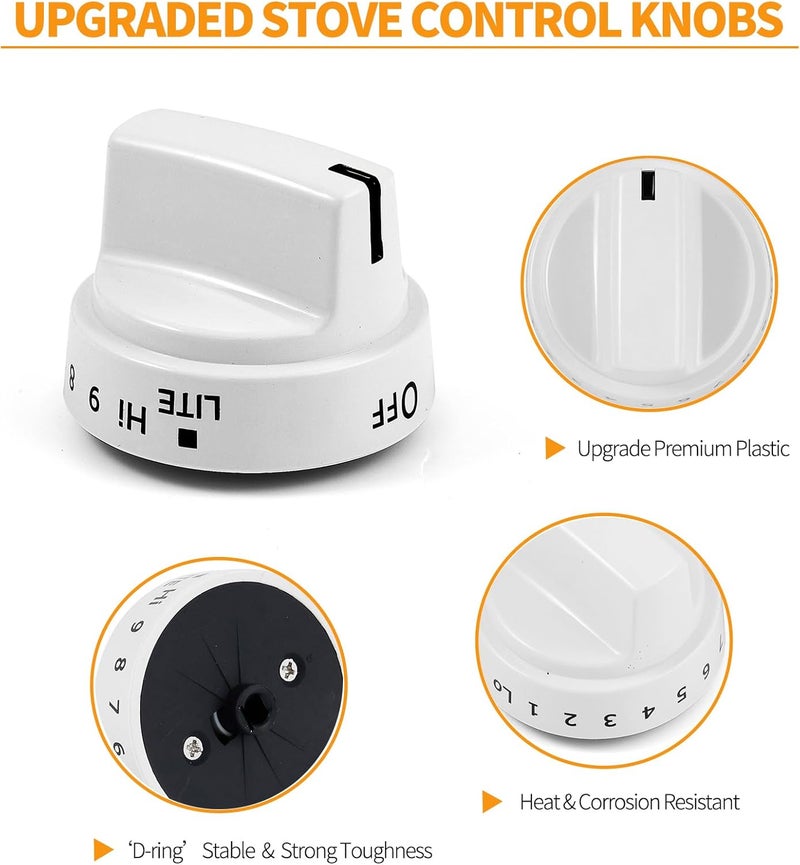 atgestore WB03X24795 KIP 5G92 Stove Knobs Replacement for GE Stove Parts 222D5793 Burner Cooktop Knobs GE Range Oven Parts General Electric Cooktop Surface Burner Control Knobs White Plastic 5 Pcs - Image 3